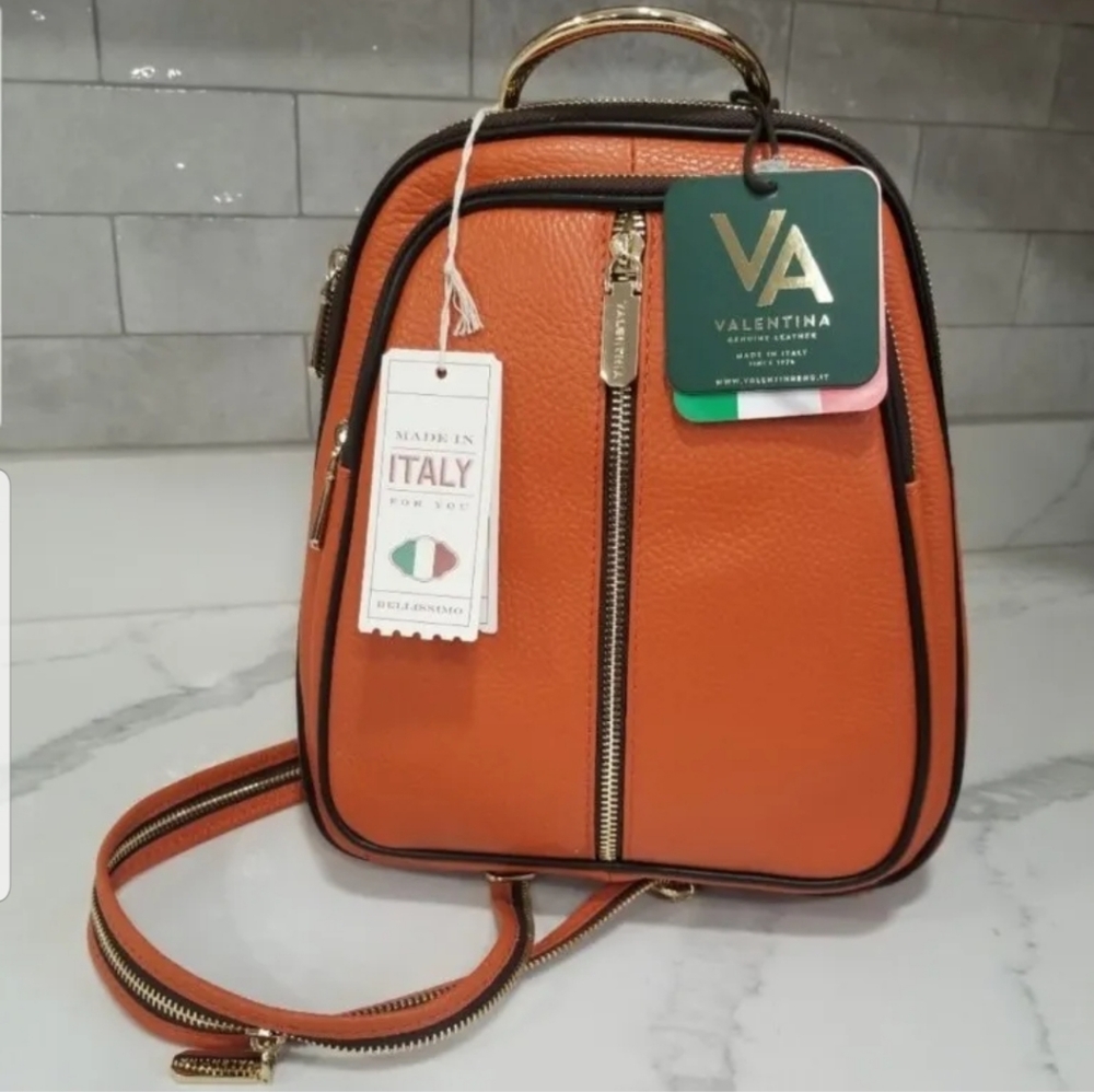SOLD! 🆕 Valentina Italian Pebbled Leather Orange Backpack Sling/Shoulder Bag - Picture 6 of 14